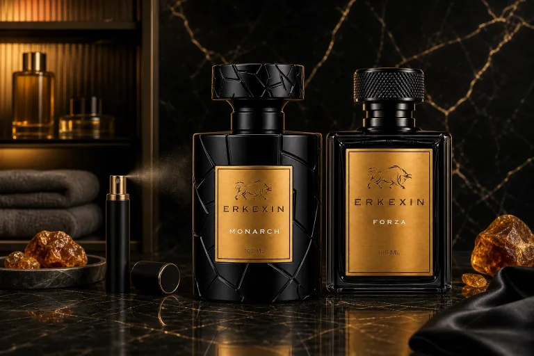 Erkexin Monarch ve Forza etiketli parfüm kalıcılığı rehber görseli